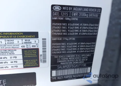 2016 Land Rover Range Rover Sport 5.0L V8 Supercharged/5.0L V8 Supercharged Dynamic z USA, uszkodzony, nr VIN SALWR2EF5GA571196